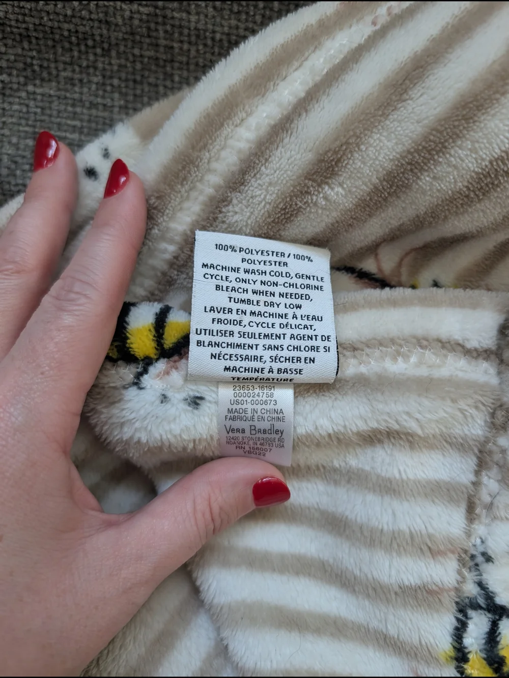 Vera Bradley Beige and White Striped Bee Print Throw